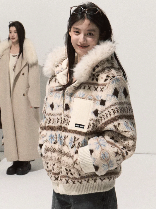 OAKMOO/ Warm Ivory Fair Isle Jacquard Hooded Jacket with Detachable Faux Fur Collar