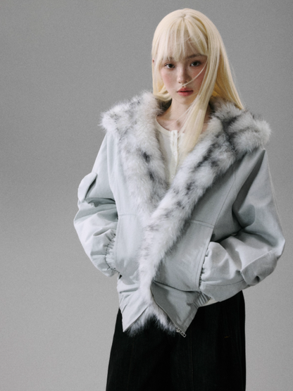"Northern Frost Rime" Sweet-Cool Plush Hooded Jacket - Gray-White