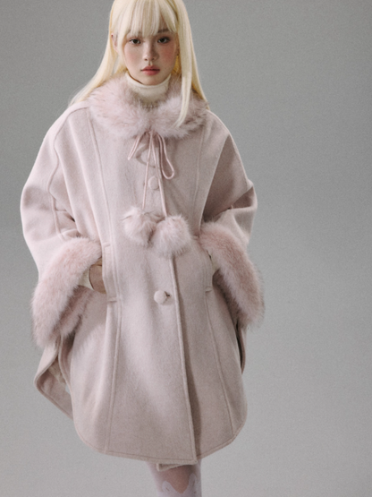 "Sakura Rain" Sweet-Chic Wool-Blend Long-Hair Cape Coat
