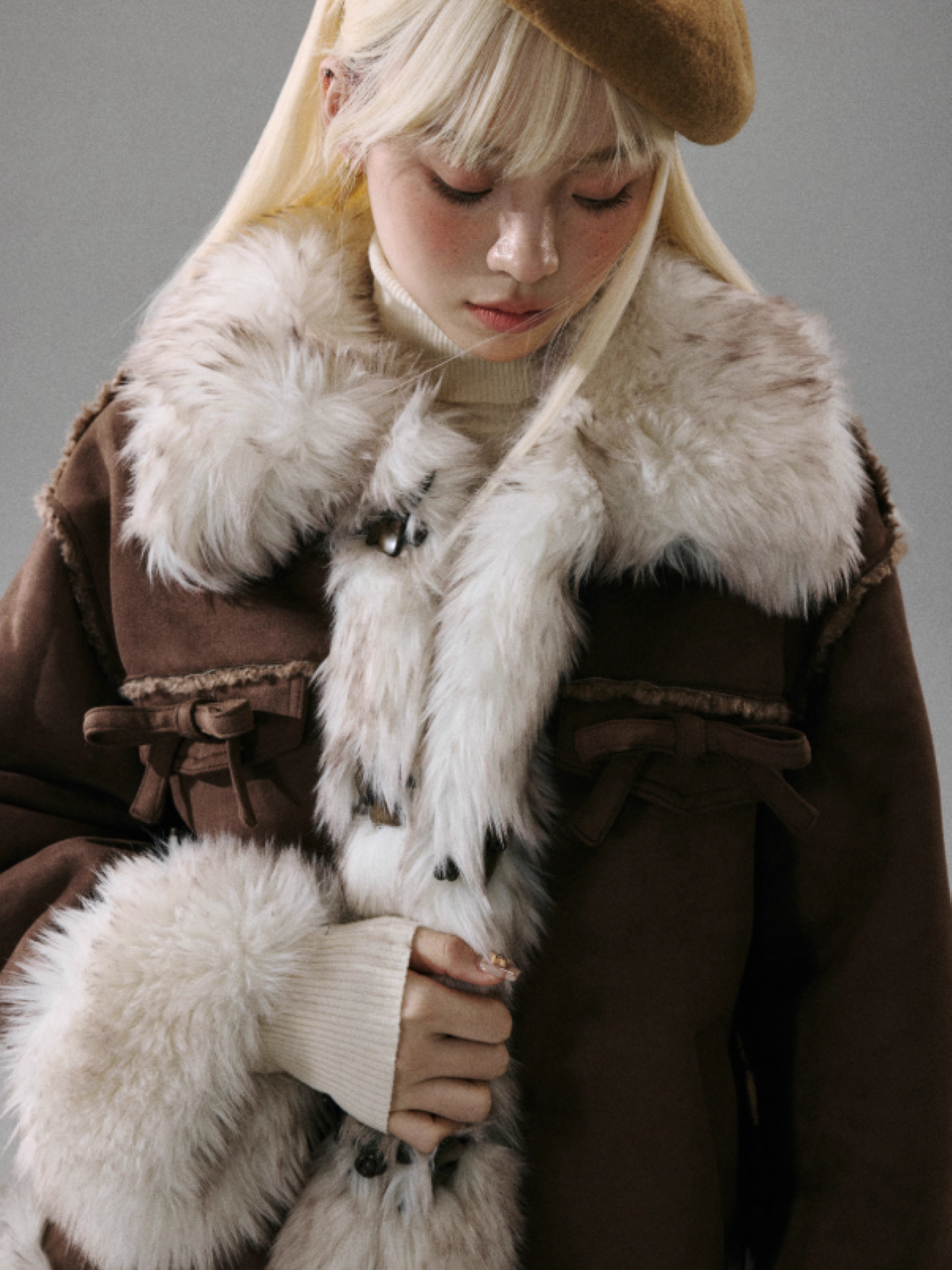 "Walnut Tart" Sweet Bow Shearling-Style Thick Winter Jacket