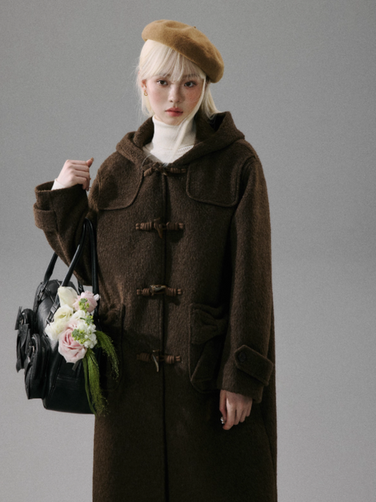"Ebony Rose" Wool-Blend Hooded Toggle Long Coat - Caramel