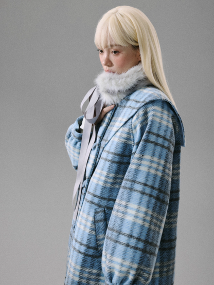 "Ice Blue Checks" Wool A-Line Sailor-Collar Coat - Blue