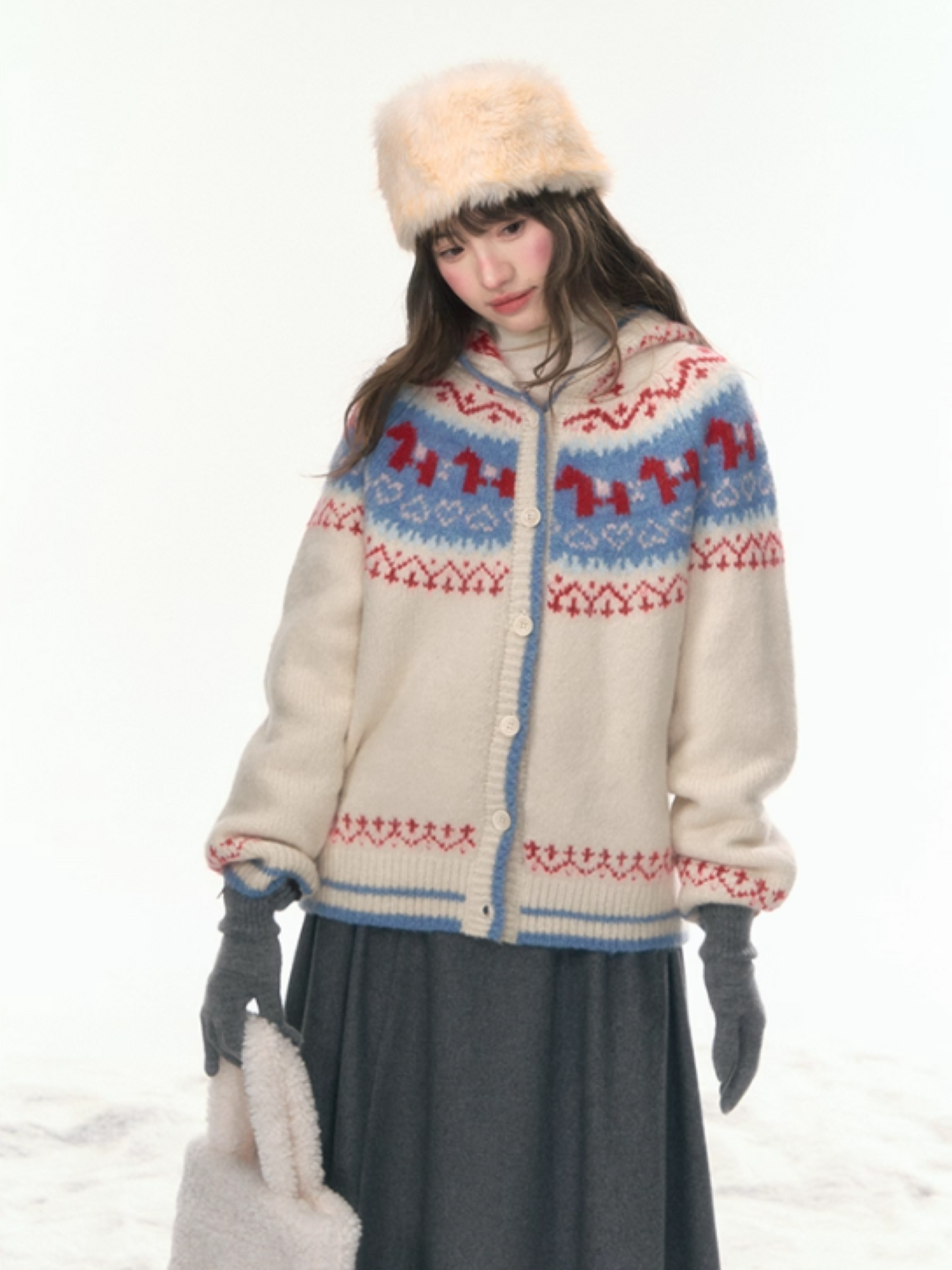 “Christmas Candy Market” Hooded Pony Fair Isle Knit Cardigan WW2025475