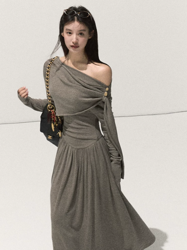 OAKMOO/ London Fog Gray Off-Shoulder Wrap Knit Maxi Dress
