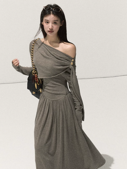 OAKMOO/ London Fog Gray Off-Shoulder Wrap Knit Maxi Dress