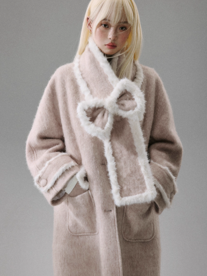 "Sakura-Tipped Reverie" Wool-Blend Wave-Texture Coat with Detachable Bow Scarf - Pink