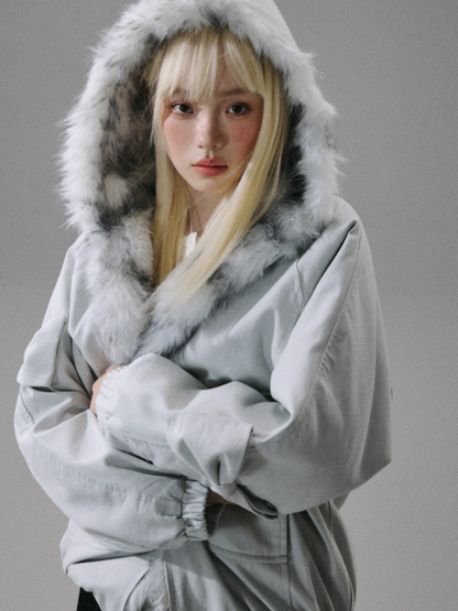 "Northern Frost Rime" Sweet-Cool Plush Hooded Jacket - Gray-White