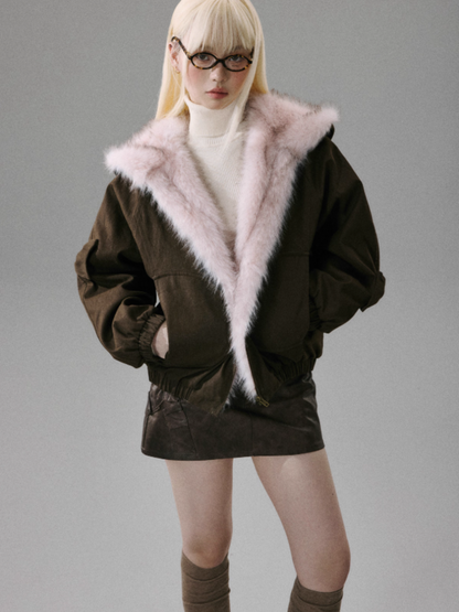 "Northern Frost Rime" Sweet-Cool Plush Hooded Jacket - Brown-Pink