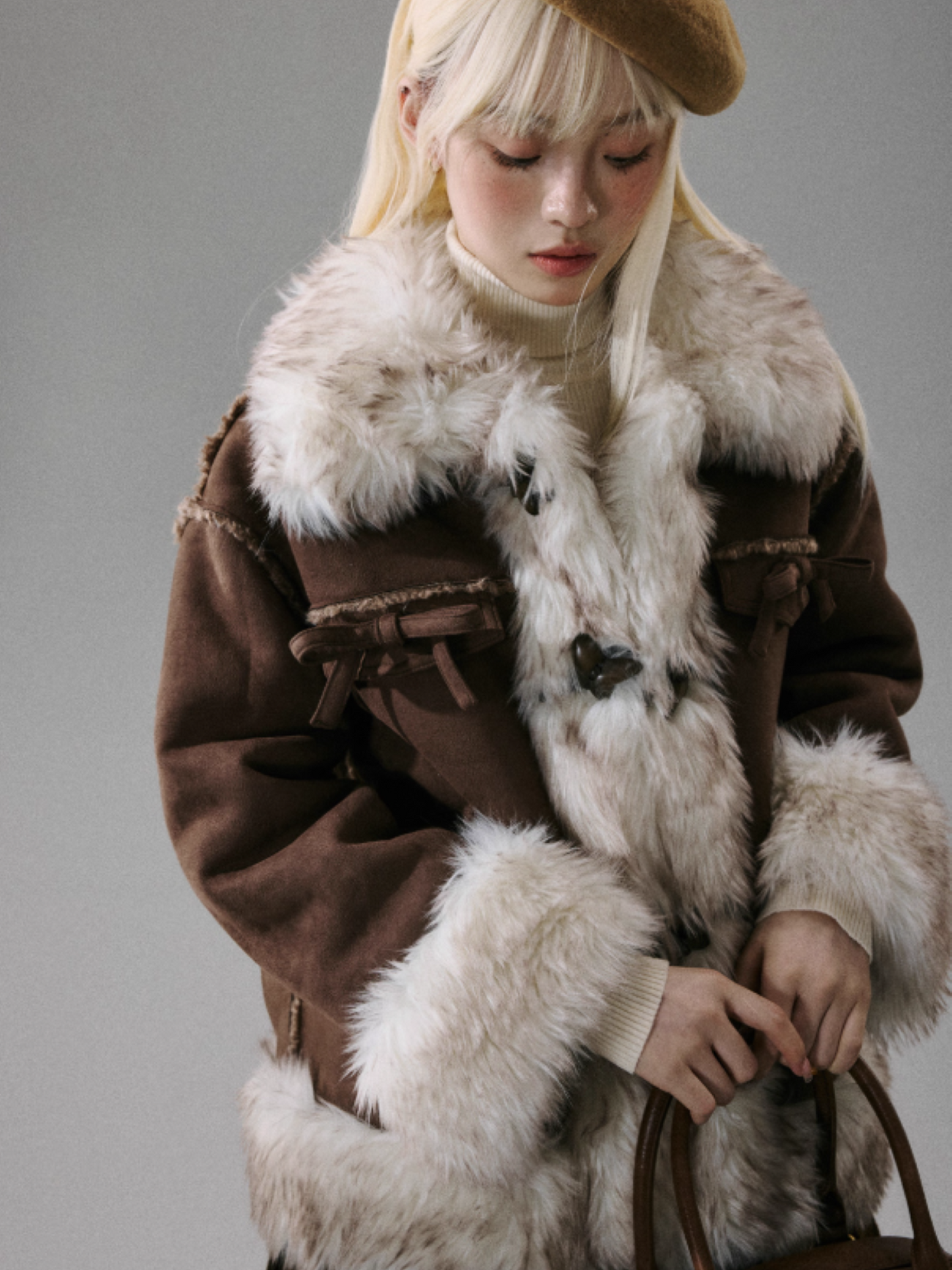"Walnut Tart" Sweet Bow Shearling-Style Thick Winter Jacket