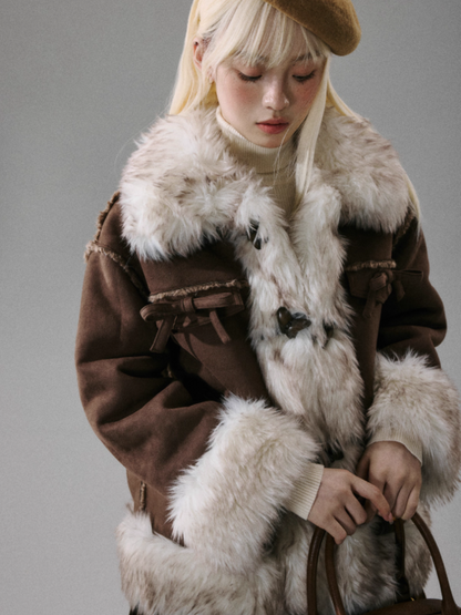 "Walnut Tart" Sweet Bow Shearling-Style Thick Winter Jacket