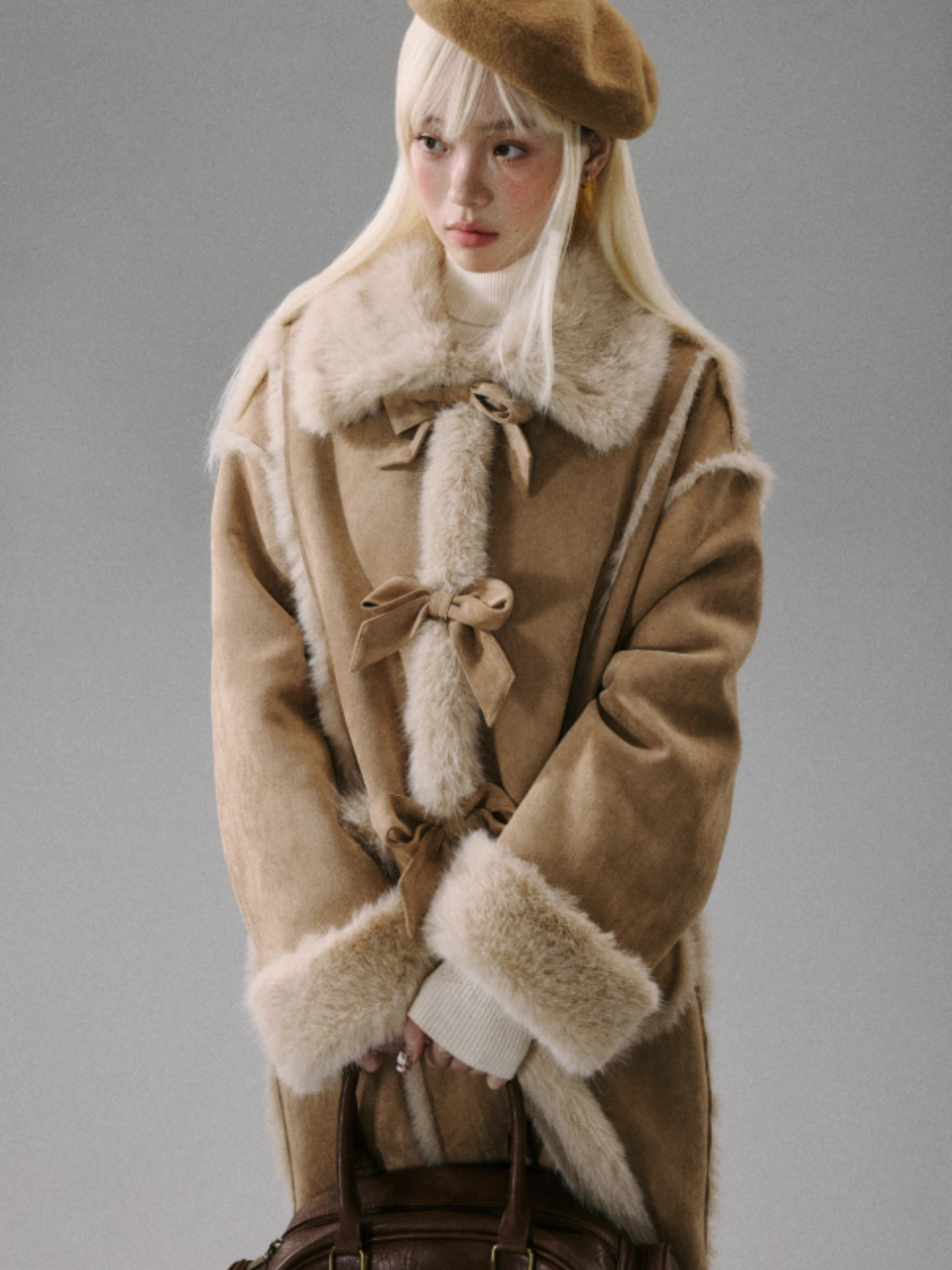 "Orange Blossom Puff" Warm Brown Long-Hair Bow Coat