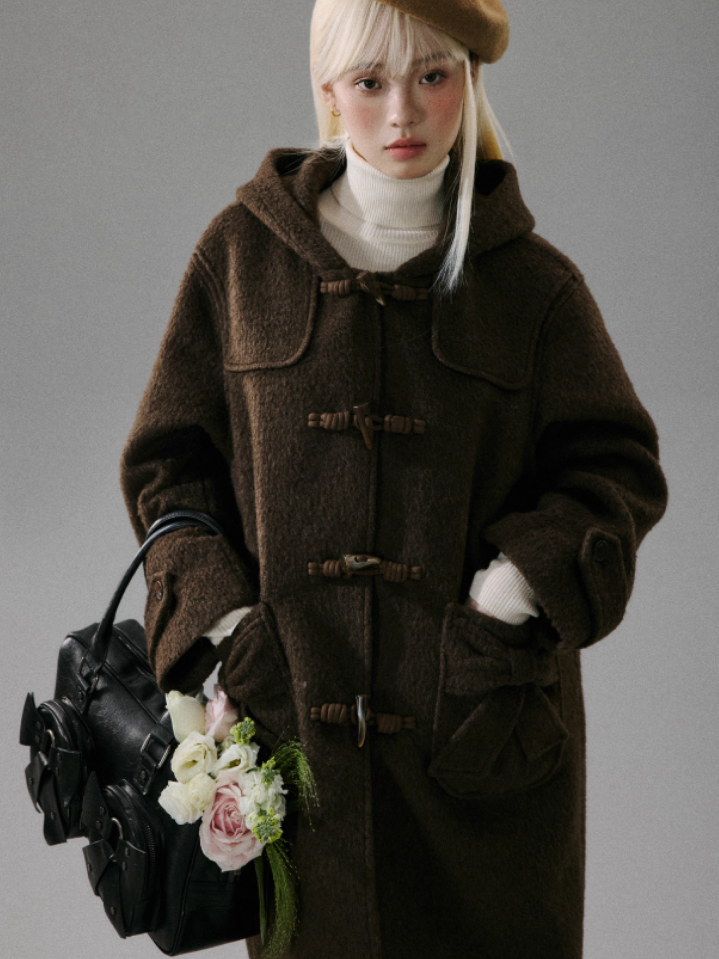 "Ebony Rose" Wool-Blend Hooded Toggle Long Coat - Caramel