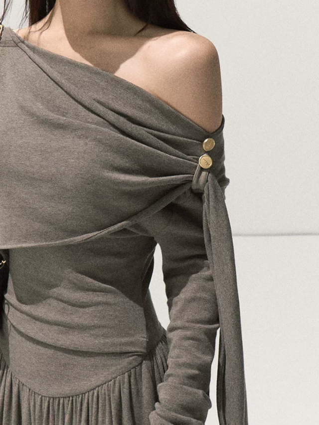 OAKMOO/ London Fog Gray Off-Shoulder Wrap Knit Maxi Dress