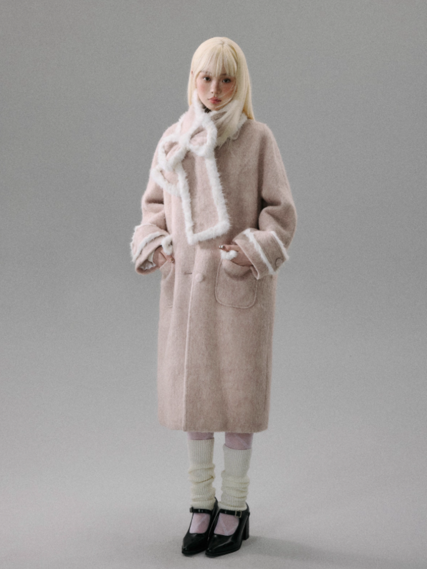 "Sakura-Tipped Reverie" Wool-Blend Wave-Texture Coat with Detachable Bow Scarf - Pink