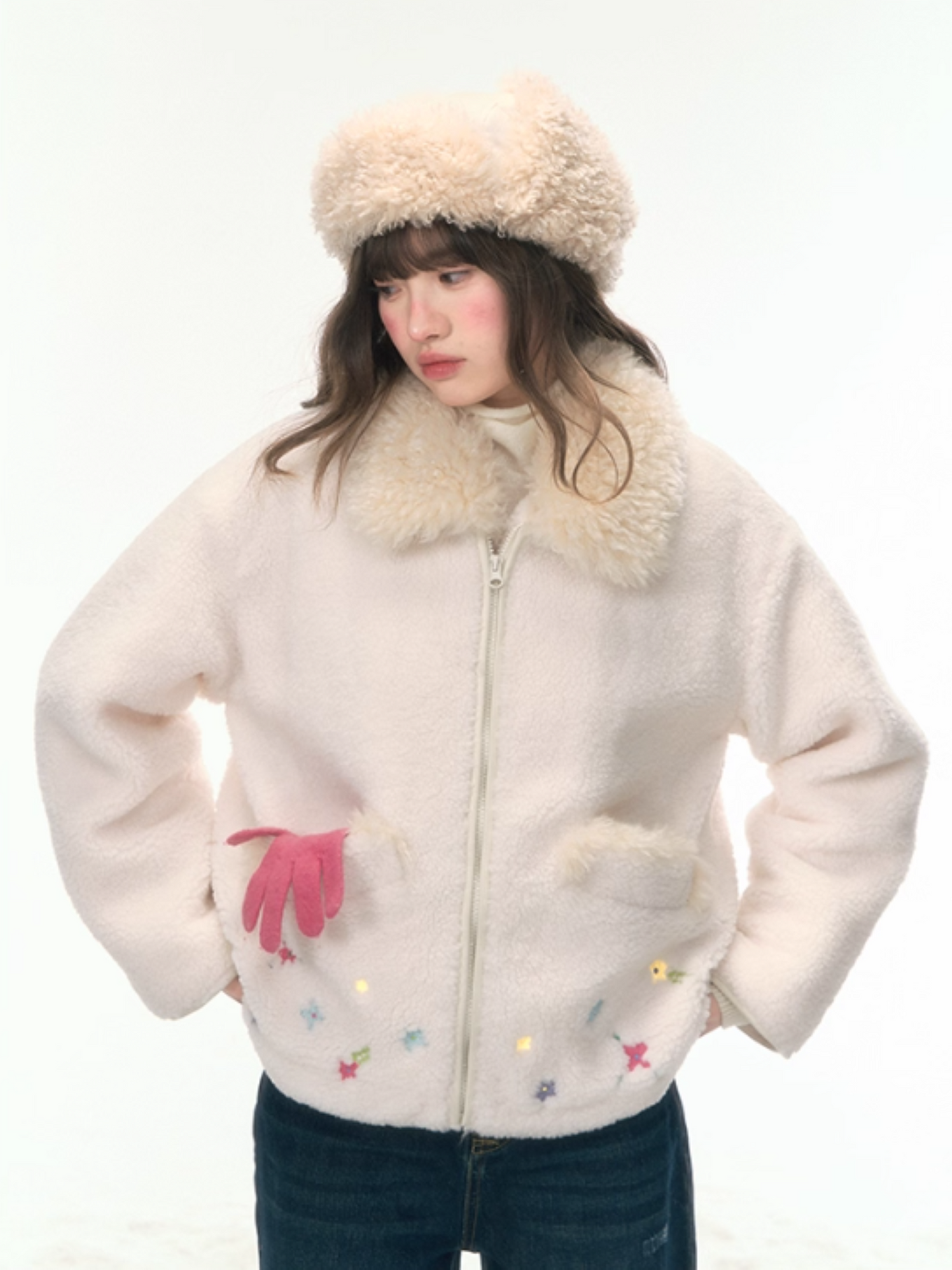 “Spring at Lake Tekapo” Embroidered Sherpa Fleece Short Jacket WW2025463