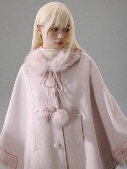"Sakura Rain" Sweet-Chic Wool-Blend Long-Hair Cape Coat