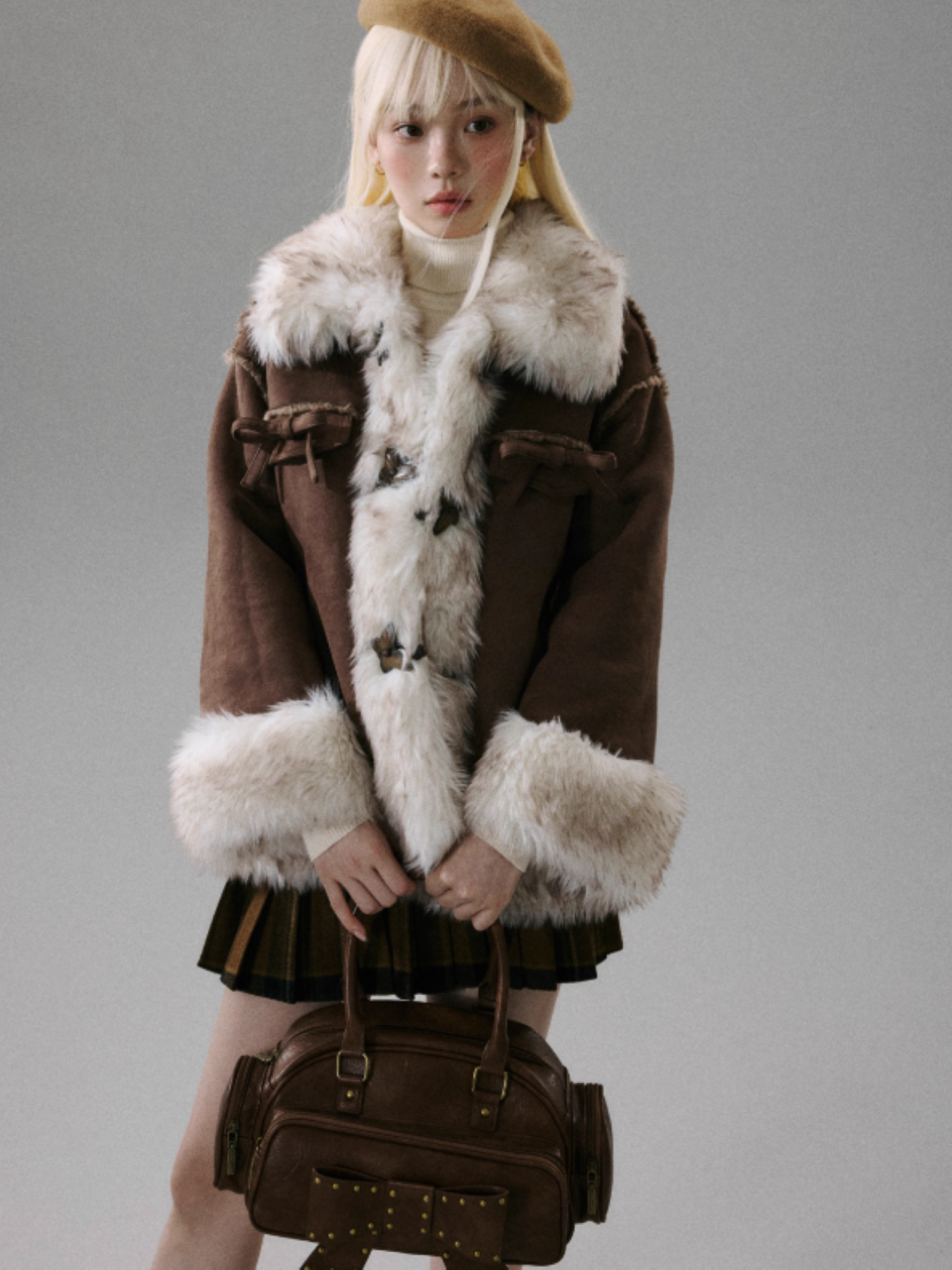 "Walnut Tart" Sweet Bow Shearling-Style Thick Winter Jacket
