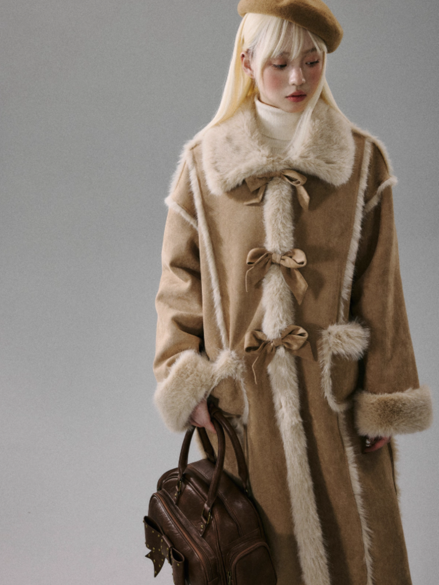 "Orange Blossom Puff" Warm Brown Long-Hair Bow Coat