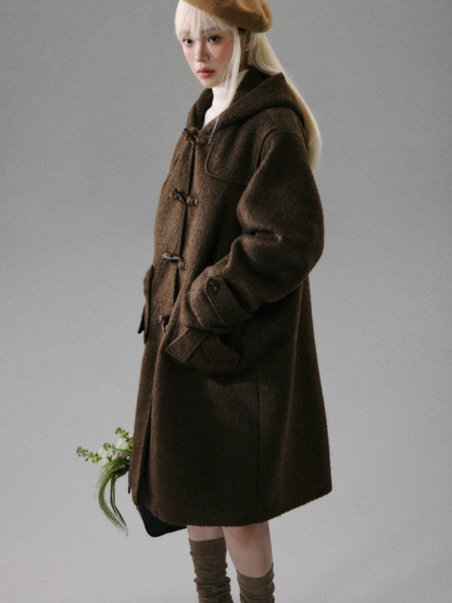 "Ebony Rose" Wool-Blend Hooded Toggle Long Coat - Caramel