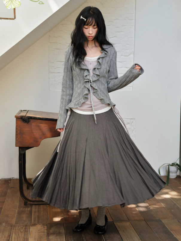 DAILY ARTIST - Dark Gray Textured Pleated A-Line Maxi Skirt