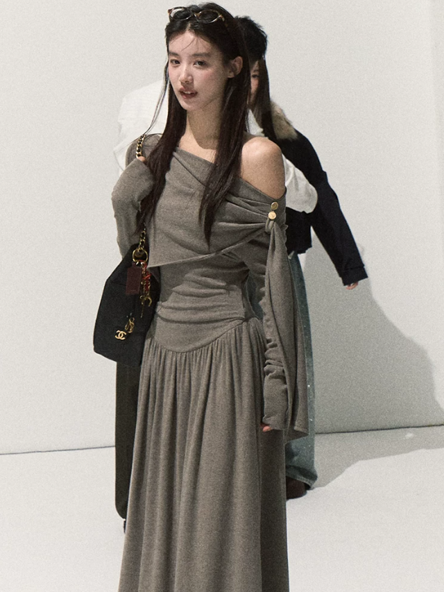 OAKMOO/ London Fog Gray Off-Shoulder Wrap Knit Maxi Dress