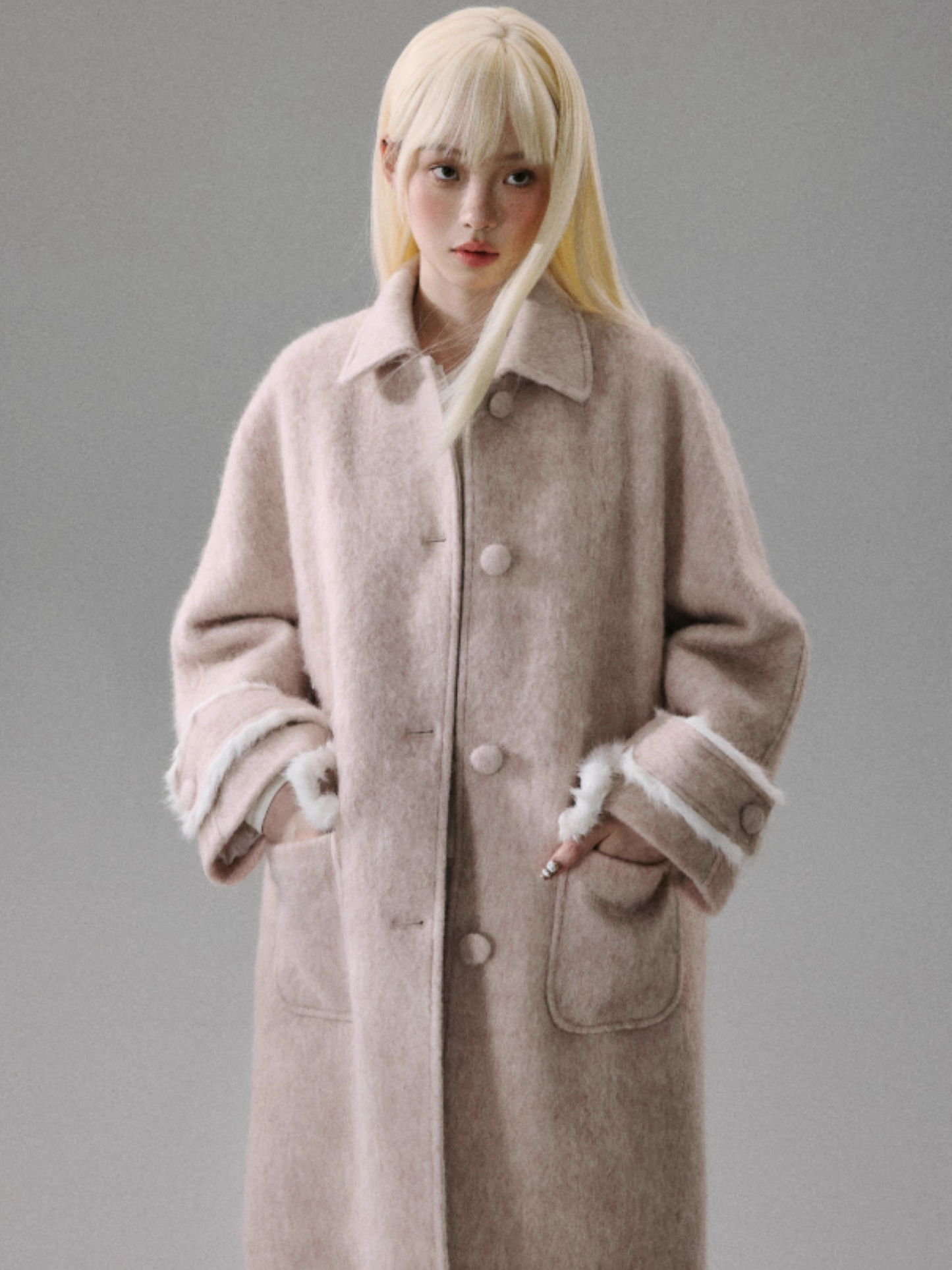 "Sakura-Tipped Reverie" Wool-Blend Wave-Texture Coat with Detachable Bow Scarf - Pink