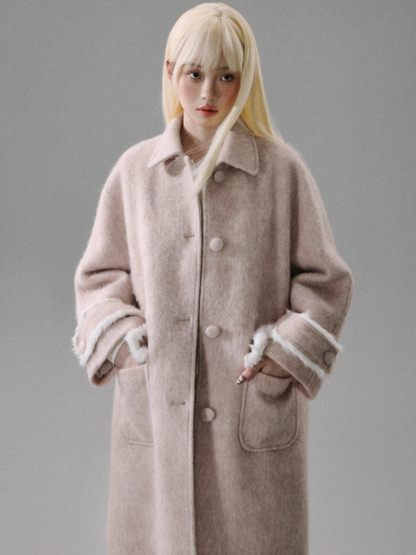 "Sakura-Tipped Reverie" Wool-Blend Wave-Texture Coat with Detachable Bow Scarf - Pink