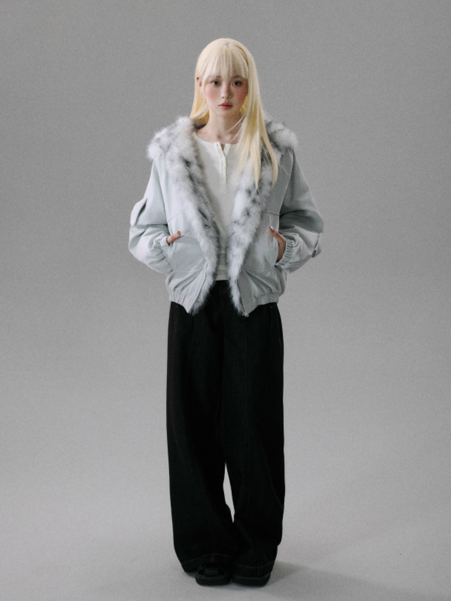 "Northern Frost Rime" Sweet-Cool Plush Hooded Jacket - Gray-White