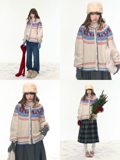 “Christmas Candy Market” Hooded Pony Fair Isle Knit Cardigan WW2025475