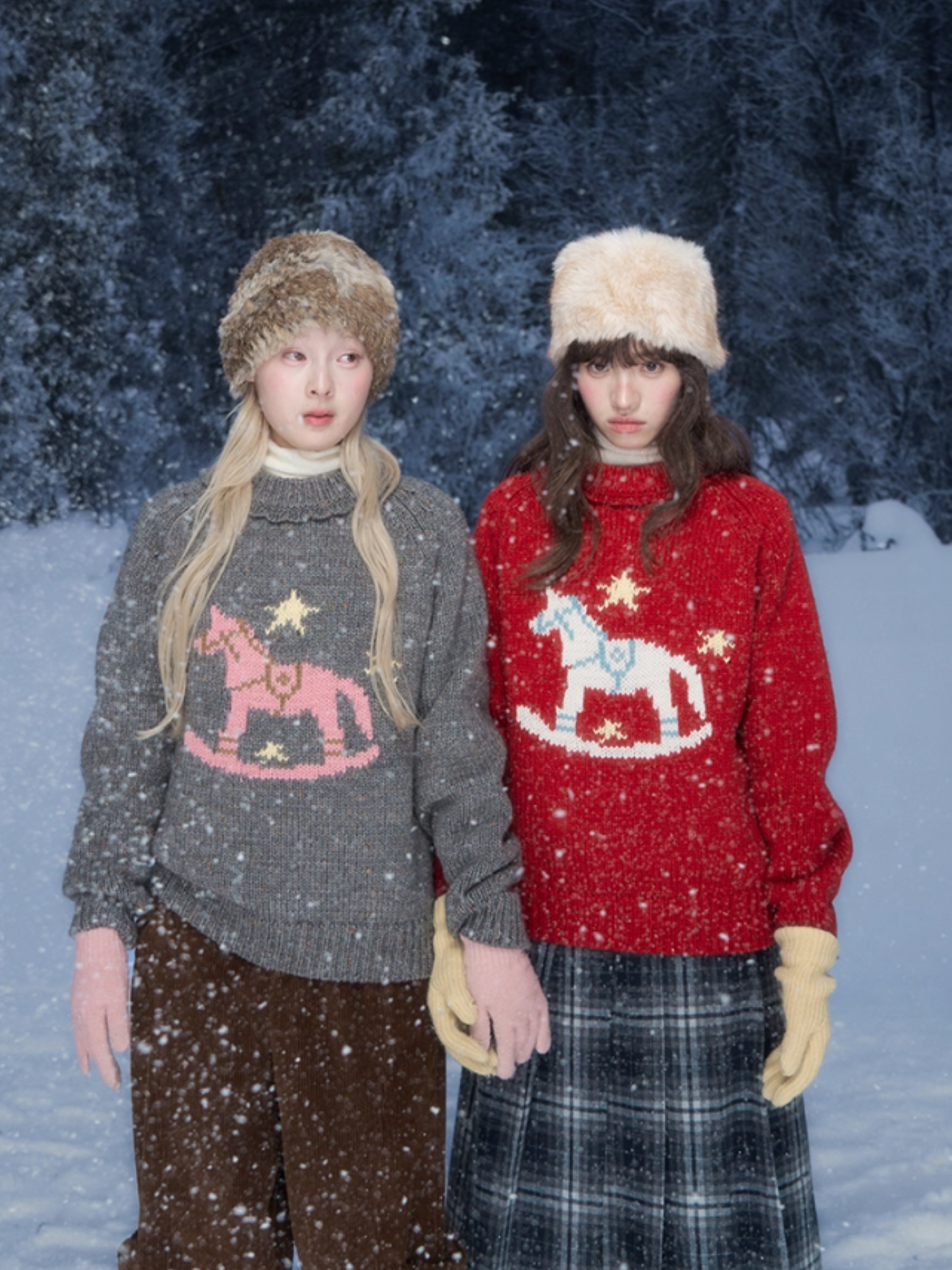 “Christmas Star Rocking Pony” Cozy Wool-Blend Knit Sweater WW2025470