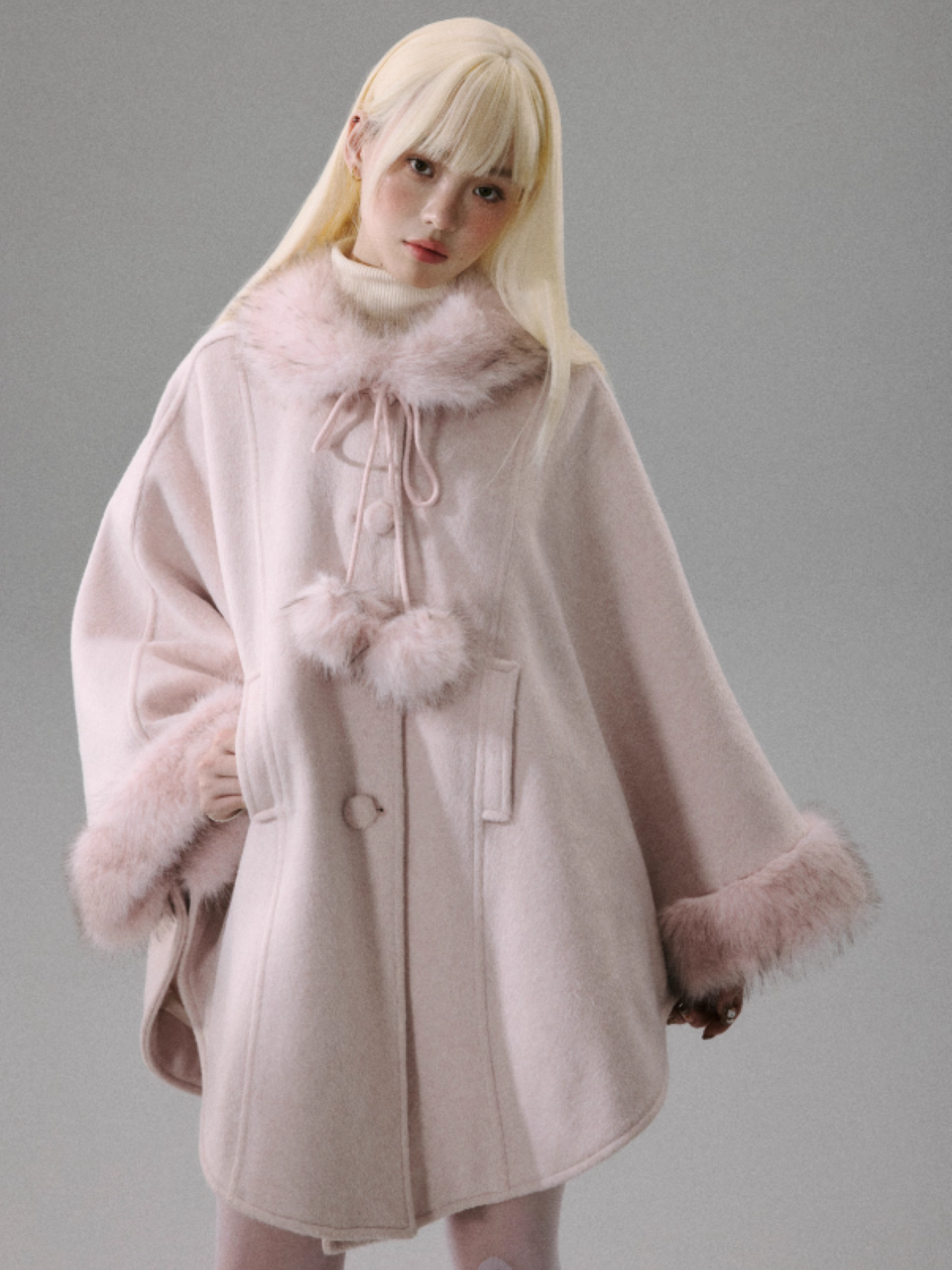 "Sakura Rain" Sweet-Chic Wool-Blend Long-Hair Cape Coat