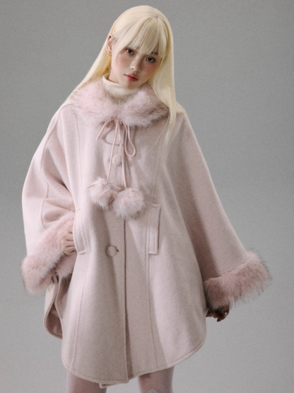 "Sakura Rain" Sweet-Chic Wool-Blend Long-Hair Cape Coat