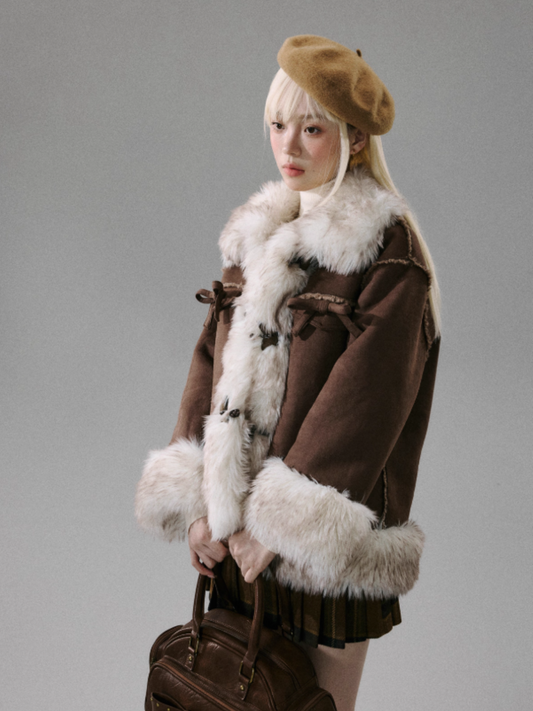 "Walnut Tart" Sweet Bow Shearling-Style Thick Winter Jacket