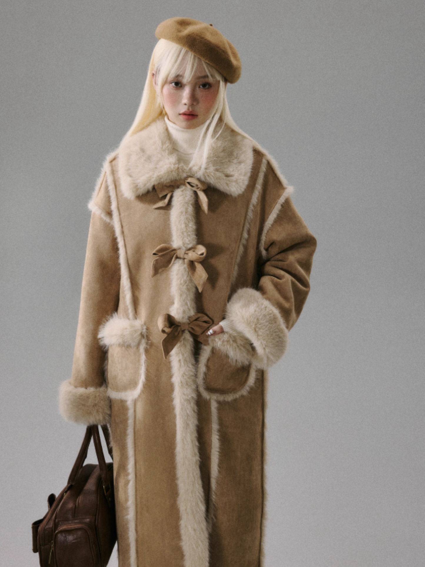"Orange Blossom Puff" Warm Brown Long-Hair Bow Coat