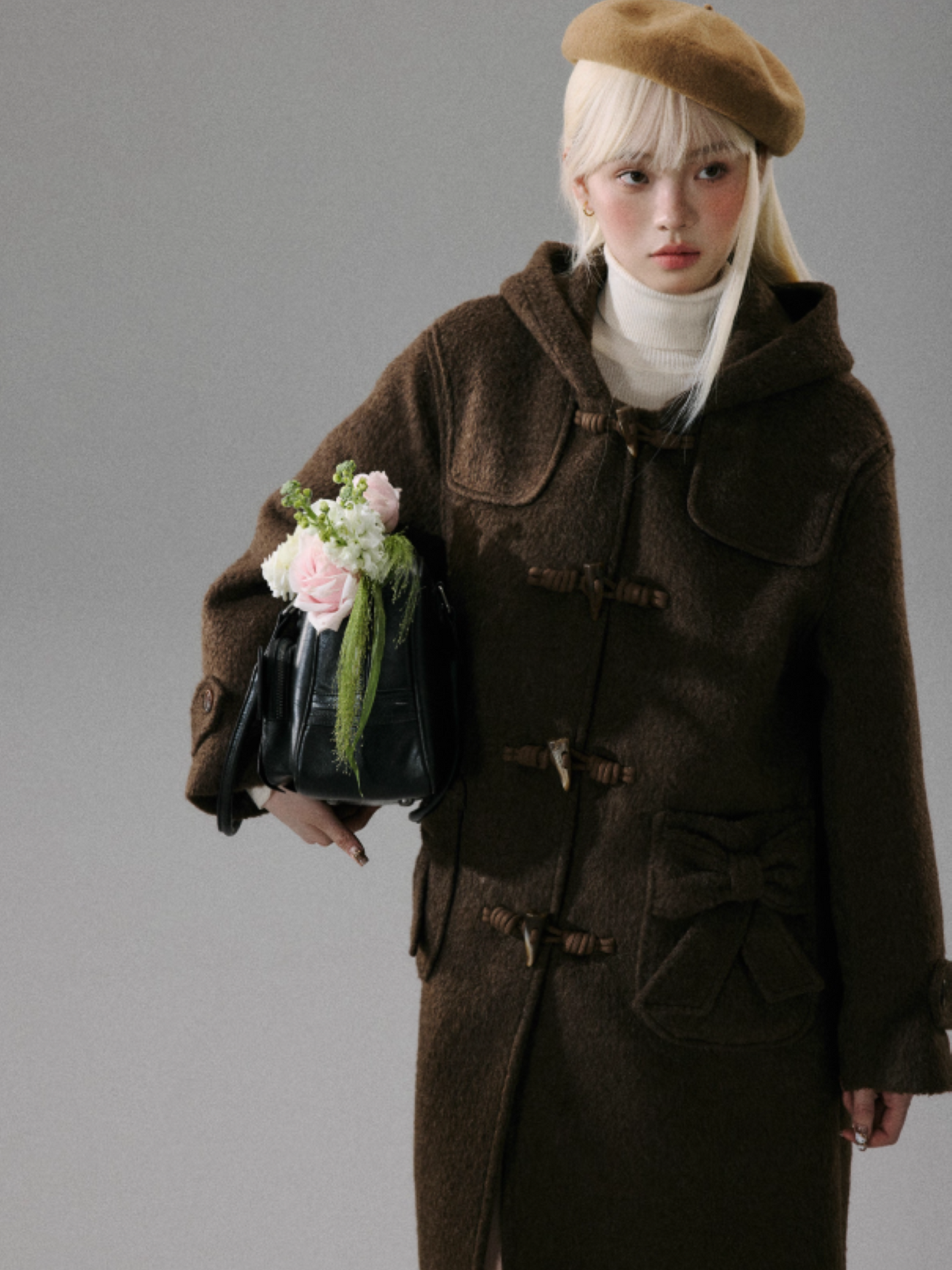"Ebony Rose" Wool-Blend Hooded Toggle Long Coat - Caramel