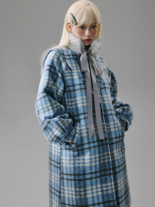 "Ice Blue Checks" Wool A-Line Sailor-Collar Coat - Blue