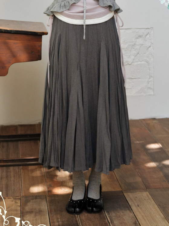 DAILY ARTIST - Dark Gray Textured Pleated A-Line Maxi Skirt