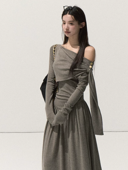 OAKMOO/ London Fog Gray Off-Shoulder Wrap Knit Maxi Dress