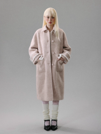 "Sakura-Tipped Reverie" Wool-Blend Wave-Texture Coat with Detachable Bow Scarf - Pink