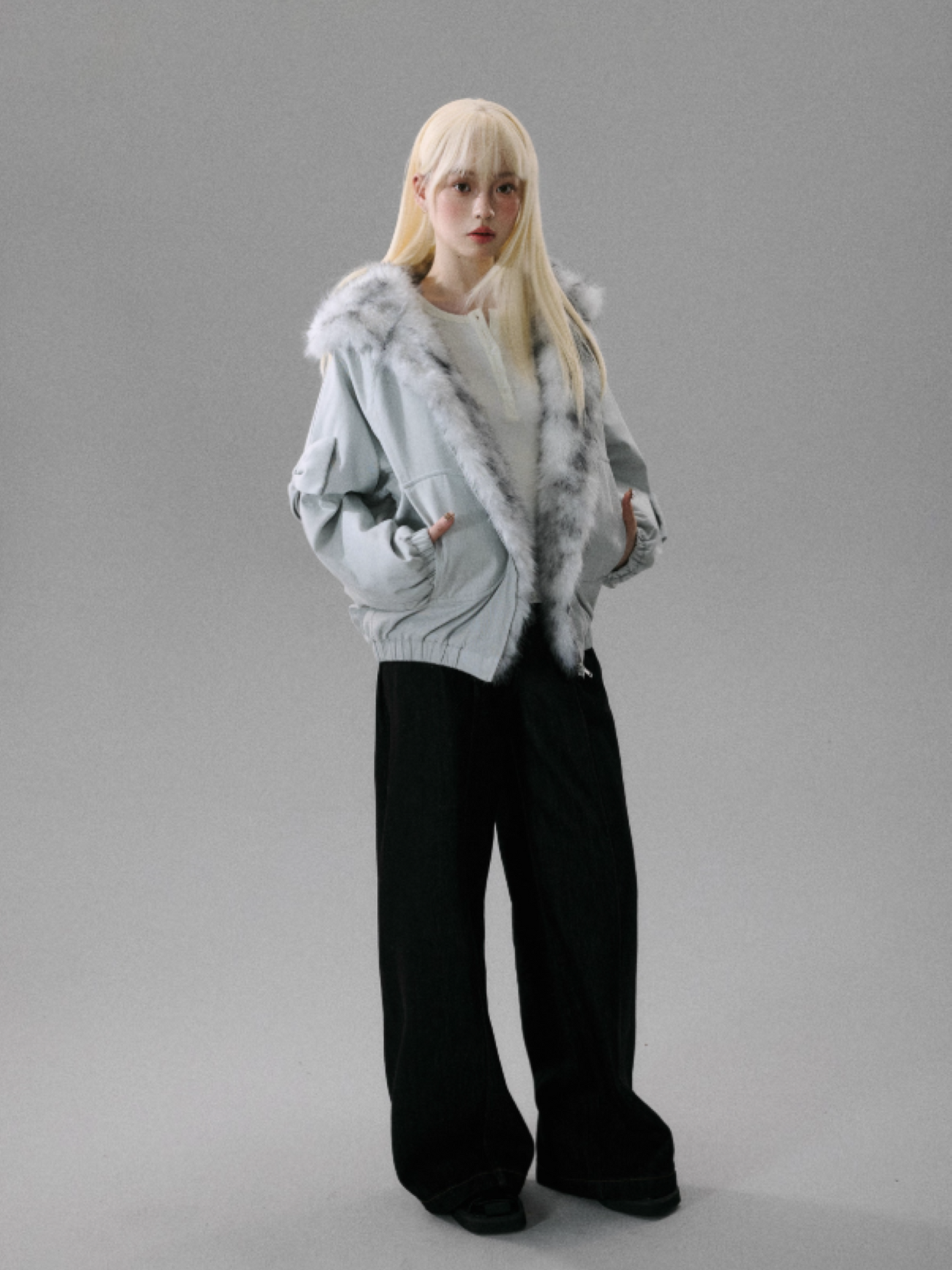 "Northern Frost Rime" Sweet-Cool Plush Hooded Jacket - Gray-White