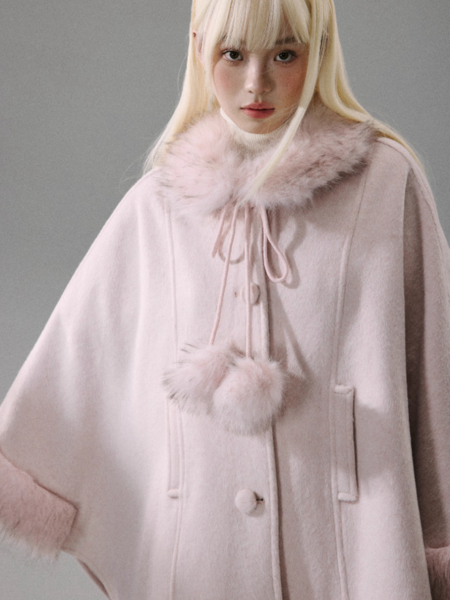 "Sakura Rain" Sweet-Chic Wool-Blend Long-Hair Cape Coat