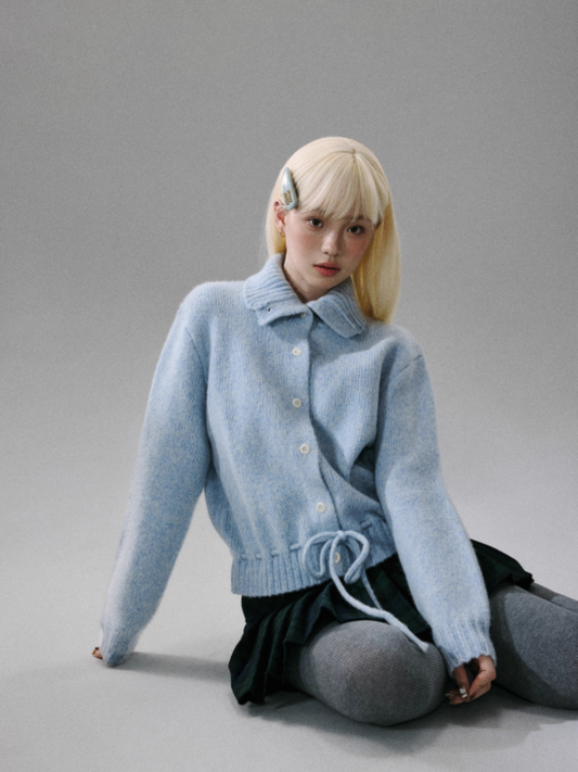 "Dappled Light" Wool Blue Collared Knit Top