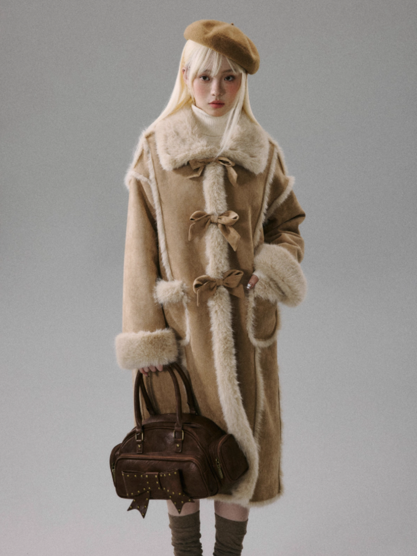"Orange Blossom Puff" Warm Brown Long-Hair Bow Coat