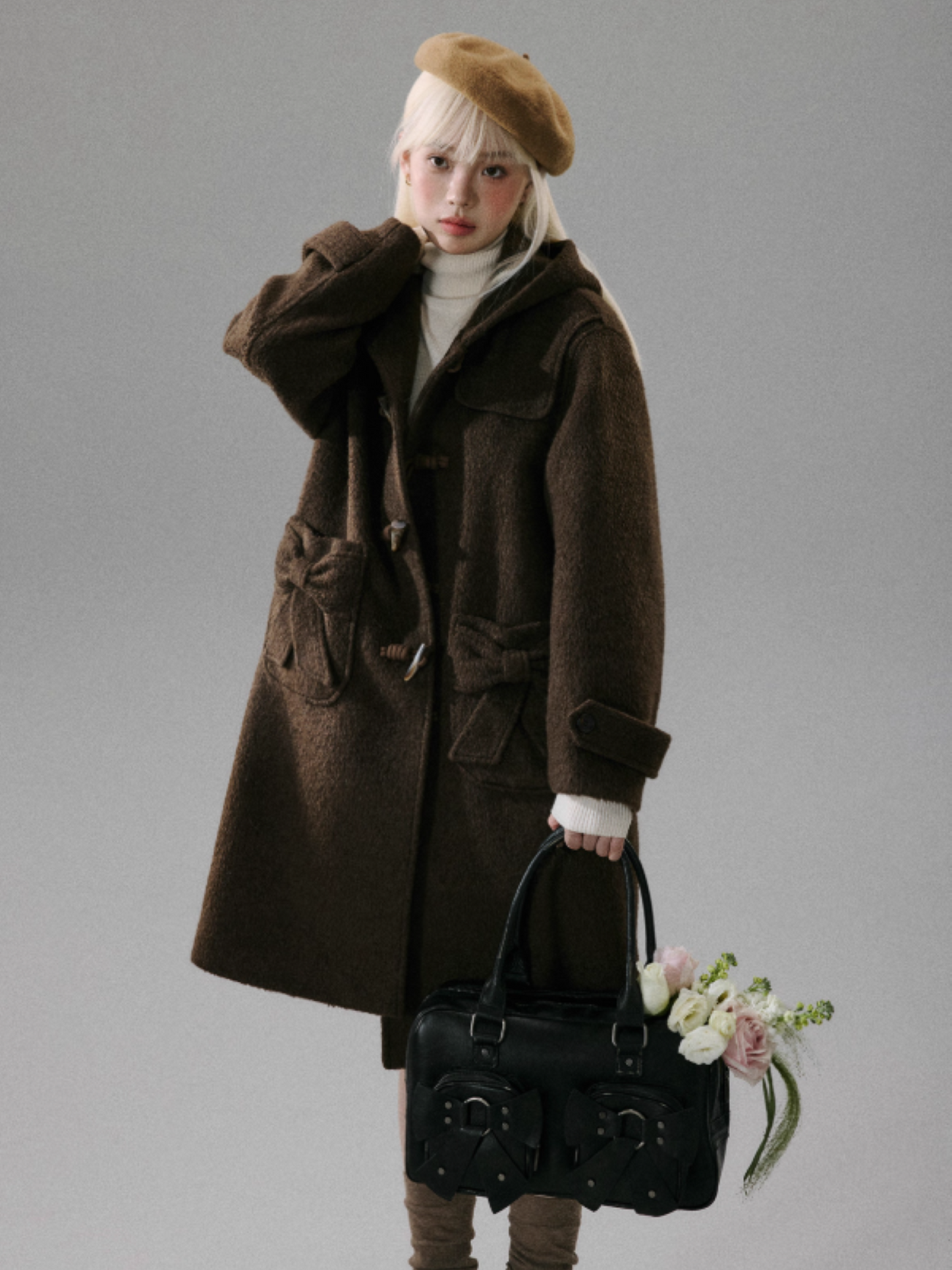 "Ebony Rose" Wool-Blend Hooded Toggle Long Coat - Caramel