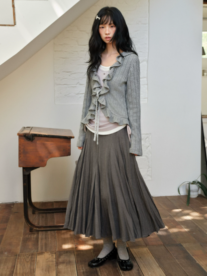 DAILY ARTIST - Dark Gray Textured Pleated A-Line Maxi Skirt