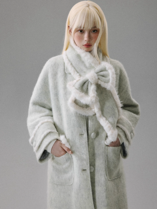 "Sakura-Tipped Reverie" Wool-Blend Wave-Texture Coat with Detachable Bow Scarf - Gray