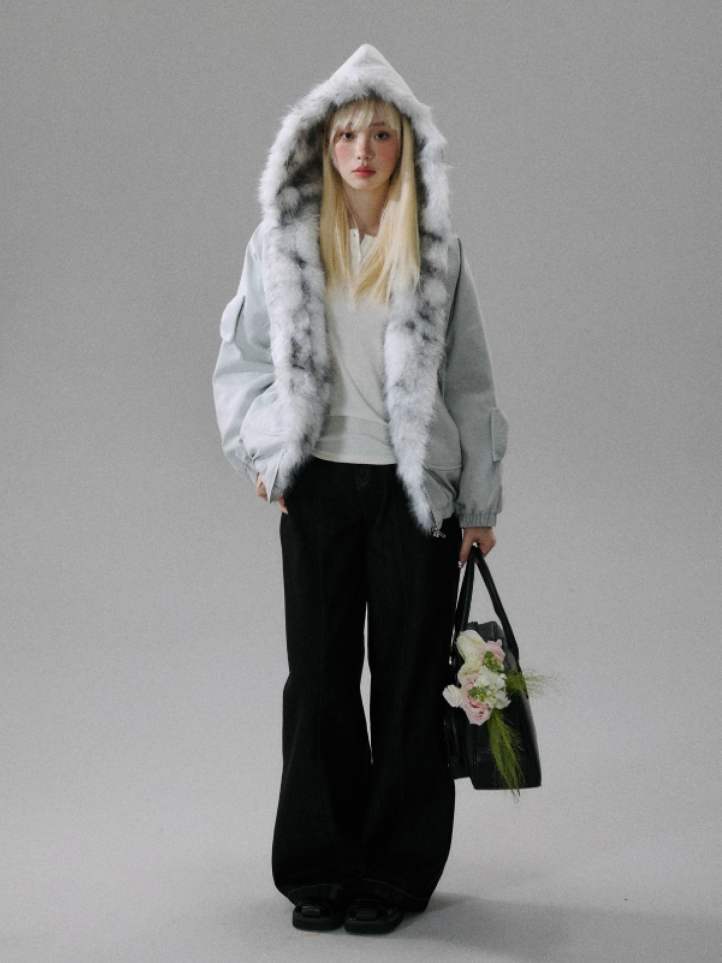"Northern Frost Rime" Sweet-Cool Plush Hooded Jacket - Gray-White