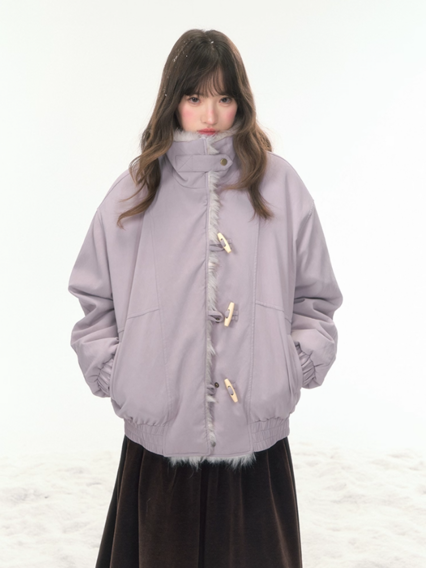 “Caramel Taro Mousse” Faux-Fur PU Leather Short Jacket WW2025458