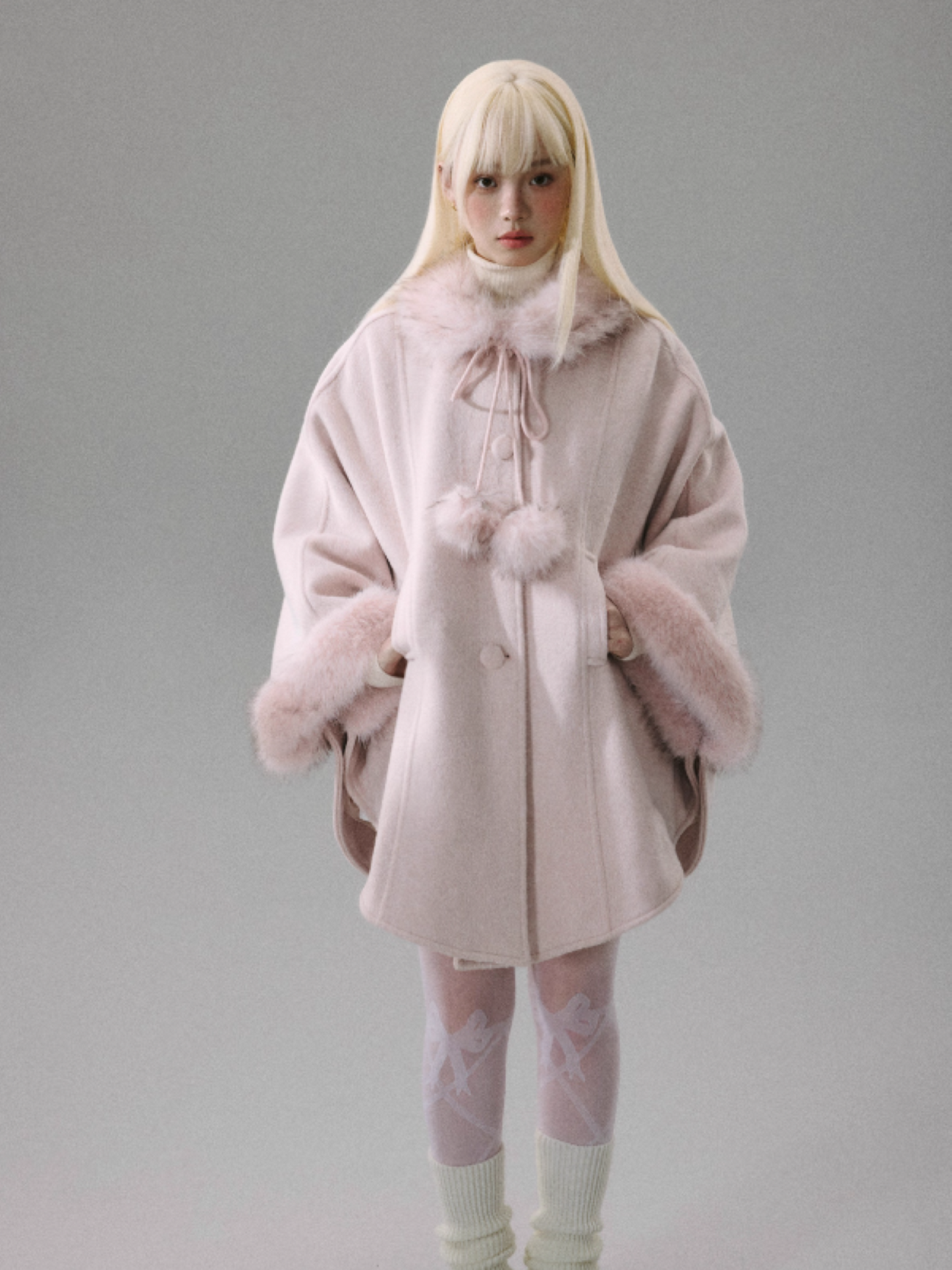 "Sakura Rain" Sweet-Chic Wool-Blend Long-Hair Cape Coat