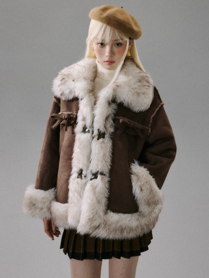 "Walnut Tart" Sweet Bow Shearling-Style Thick Winter Jacket